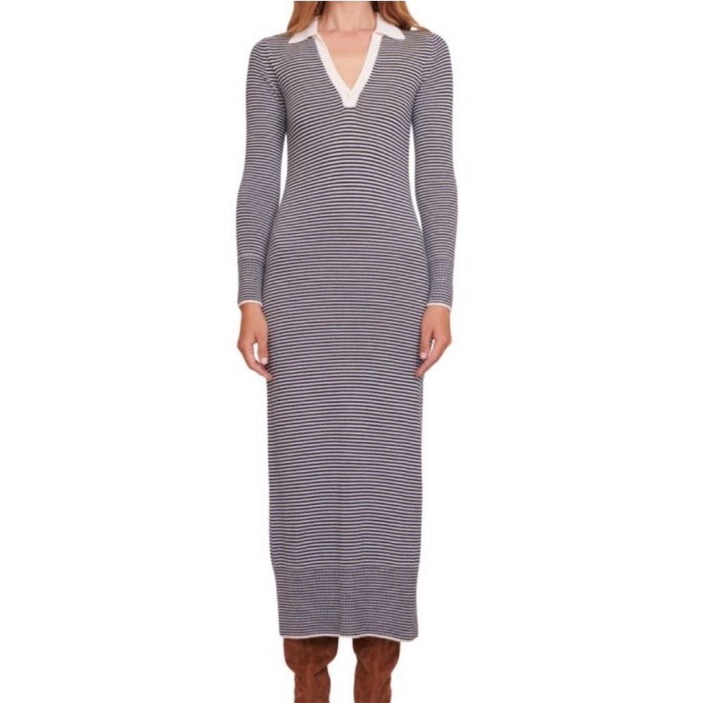 STAUD Navy and White Long Sleeve Dress